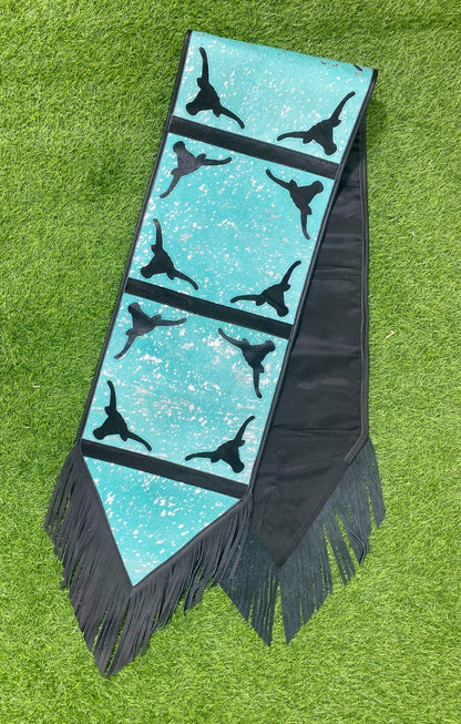 Cow Hide table runner Leather Table runner royal acid wash design with laser cut bull head cow hide patches with real black leather fringe