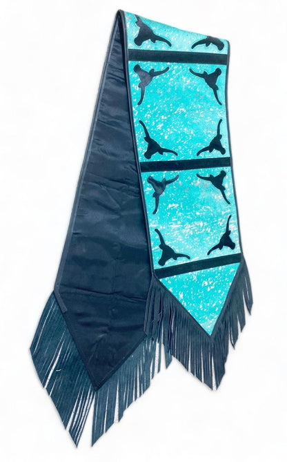 Cow Hide table runner Leather Table runner royal acid wash design with laser cut bull head cow hide patches with real black leather fringe