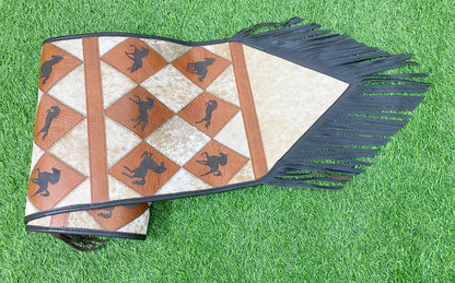 Cow Hide table runner Leather Table runner with orange diamond patches on real cow hide with laser cut horse logo with black leather fringe