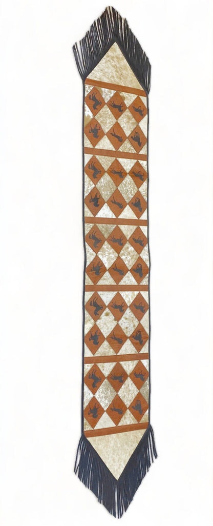 Cow Hide table runner Leather Table runner with orange diamond patches on real cow hide with laser cut horse logo with black leather fringe