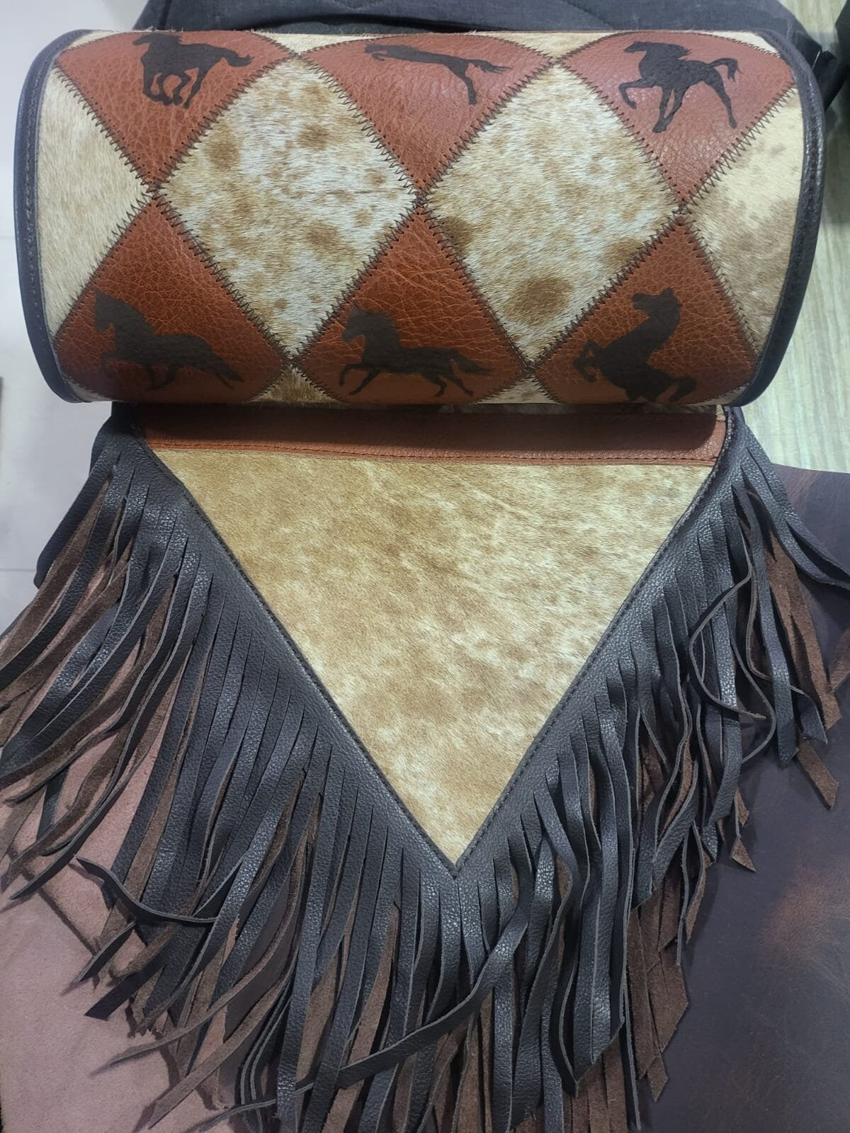 Cow Hide table runner Leather Table runner with orange diamond patches on real cow hide with laser cut horse logo with black leather fringe