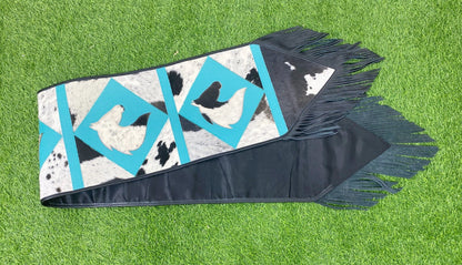 Cow Hide table runner Leather Table runner having cow decorated with acid wash turquoise diamond square patch having Horse face in between