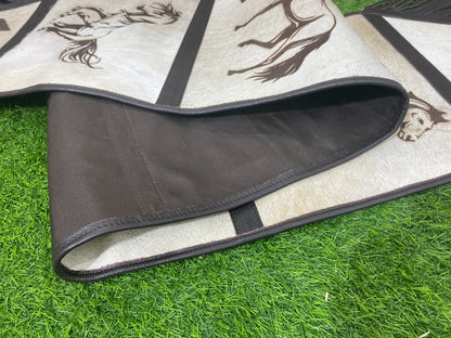 Cow Hide table runner Leather Table runner on real ceramic colored cow hide decorated with laser engraved smart horses designs black fringe.