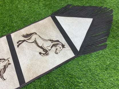 Cow Hide table runner Leather Table runner on real ceramic colored cow hide decorated with laser engraved smart horses designs black fringe.