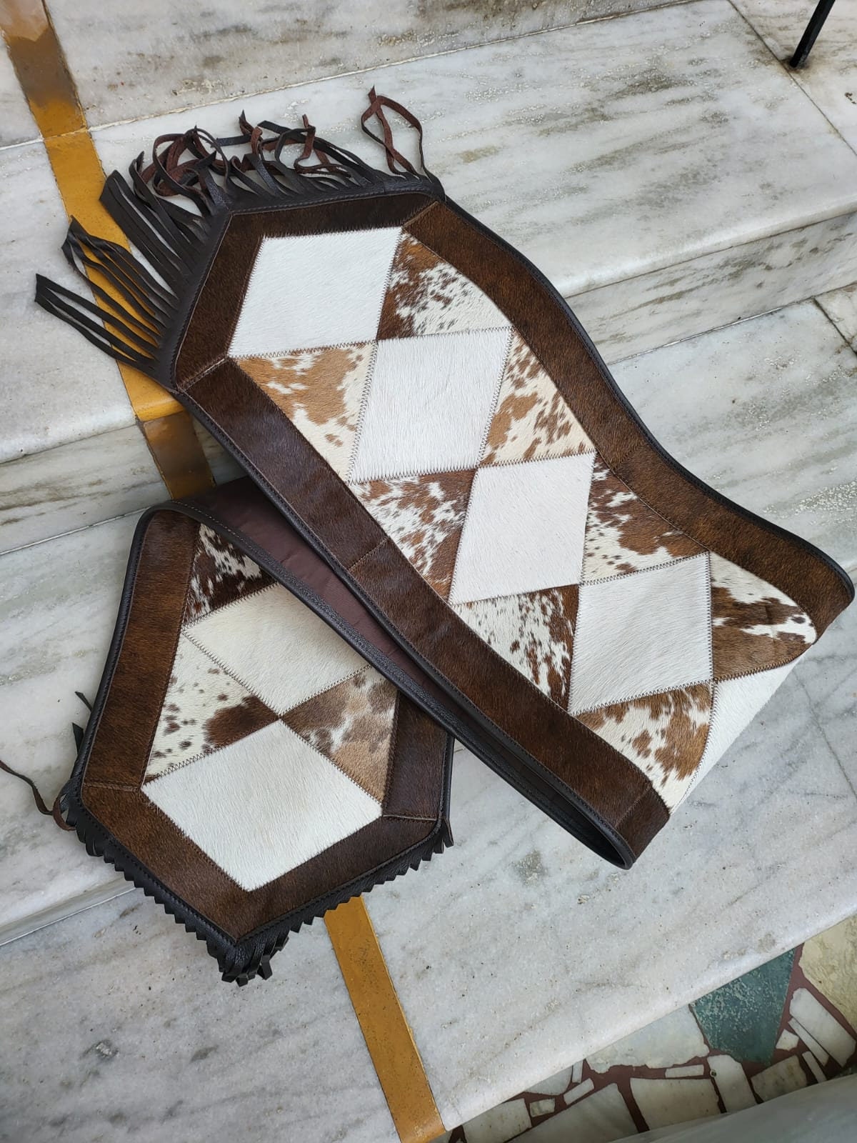 Cow Hide table runner Leather Table runner on real brown  and white patch cow hide decorated with acid wash cream color  laser cut patch