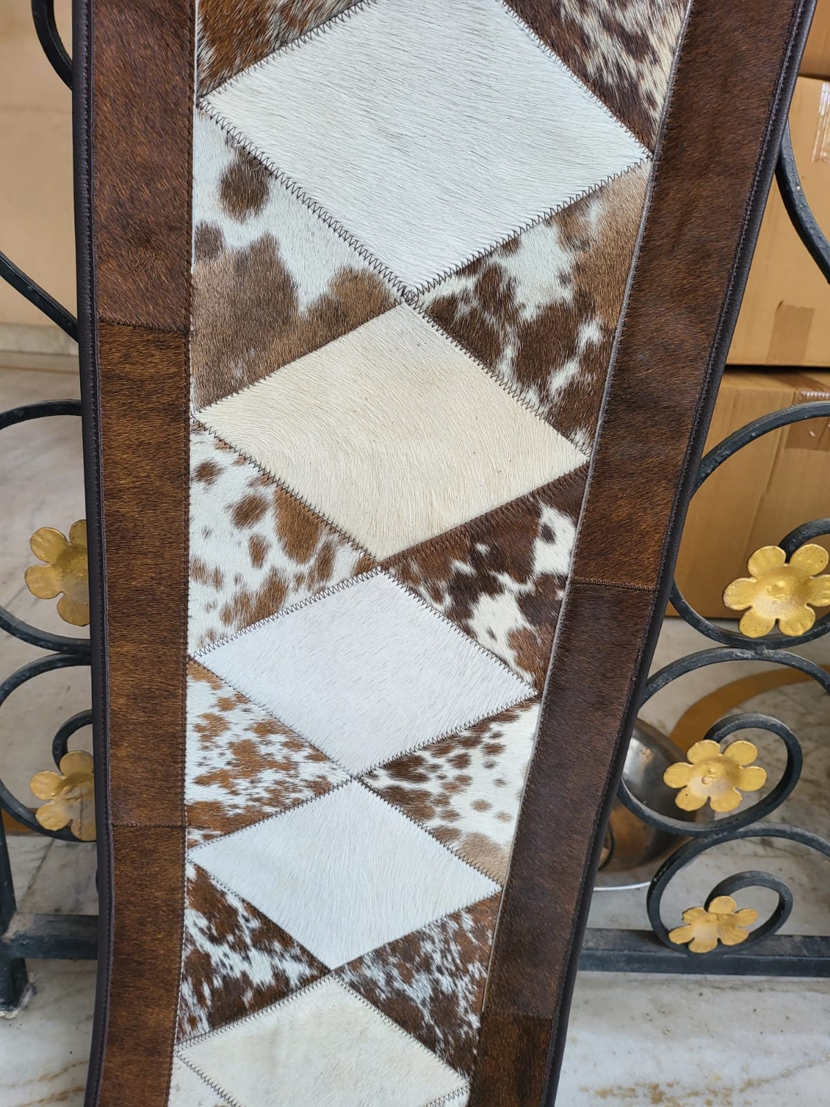 Cow Hide table runner Leather Table runner on real brown  and white patch cow hide decorated with acid wash cream color  laser cut patch
