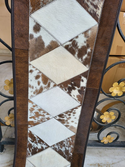 Cow Hide table runner Leather Table runner on real brown  and white patch cow hide decorated with acid wash cream color  laser cut patch