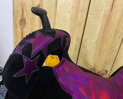 Western Saddle tack, Real handcrafted on real genuine Leather, Barrel Saddle for Horse Riders with black base and Pink glitter STAR MOUSM