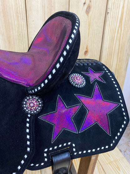 Western Saddle tack, Real handcrafted on real genuine Leather, Barrel Saddle for Horse Riders with black base and Pink glitter STAR MOUSM