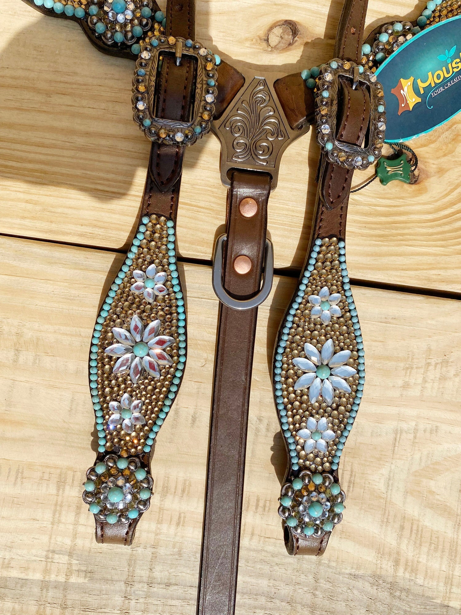 Leather Headstall and Breast Collar tack Set for the horse, Western headstall tack set with golden bids turquoise stone Flower in lay Mousm