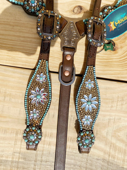 Leather Headstall and Breast Collar tack Set for the horse, Western headstall tack set with golden bids turquoise stone Flower in lay Mousm