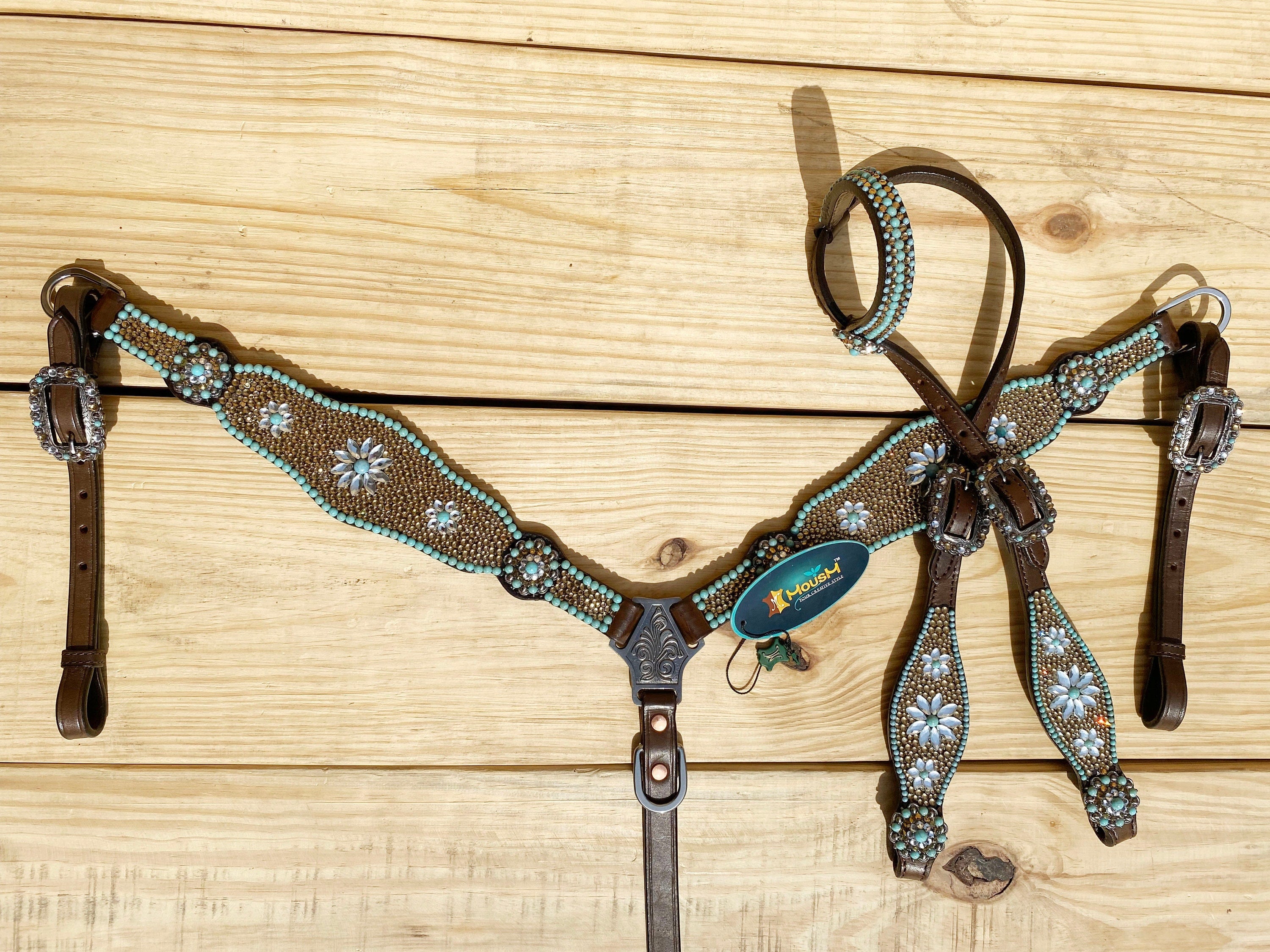 Leather Headstall and Breast Collar tack Set for the horse, Western headstall tack set with golden bids turquoise stone Flower in lay Mousm