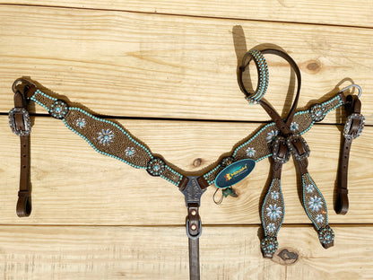 Leather Headstall and Breast Collar tack Set for the horse, Western headstall tack set with golden bids turquoise stone Flower in lay Mousm