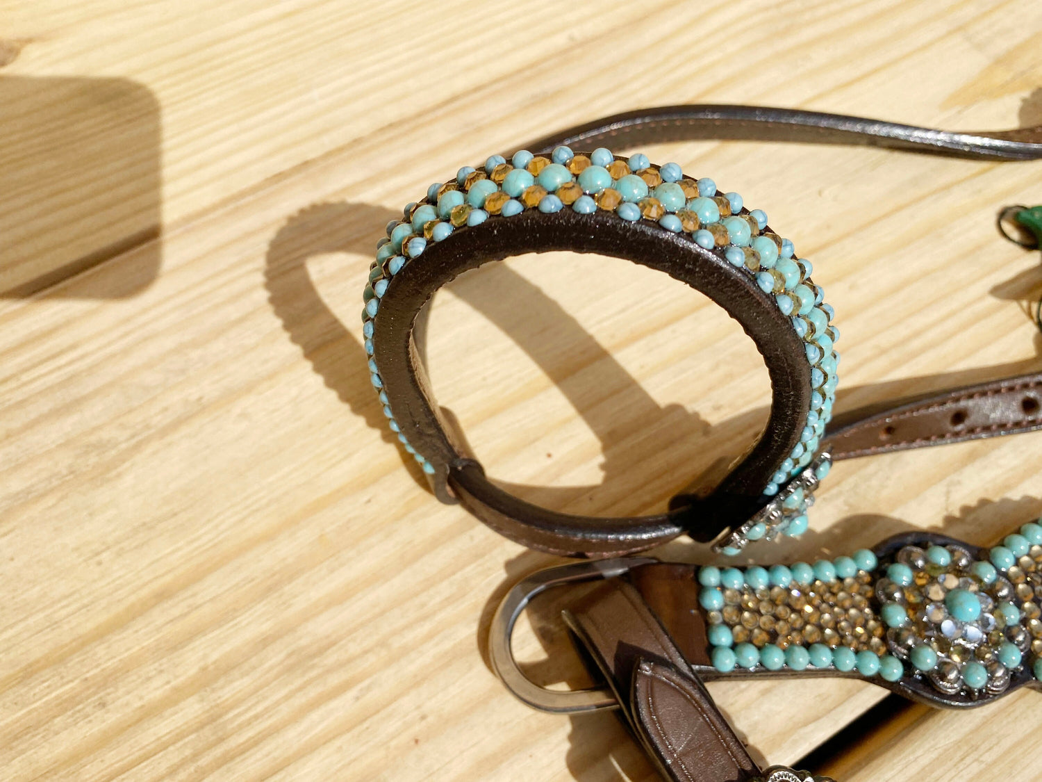 Leather Headstall and Breast Collar tack Set for the horse, Western headstall tack set with golden bids turquoise stone Flower in lay Mousm