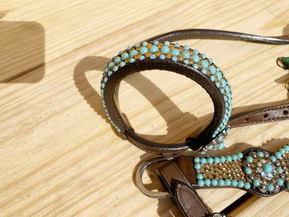 Leather Headstall and Breast Collar tack Set for the horse, Western headstall tack set with golden bids turquoise stone Flower in lay Mousm