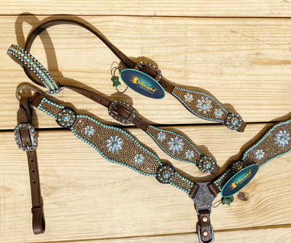 Leather Headstall and Breast Collar tack Set for the horse, Western headstall tack set with golden bids turquoise stone Flower in lay Mousm