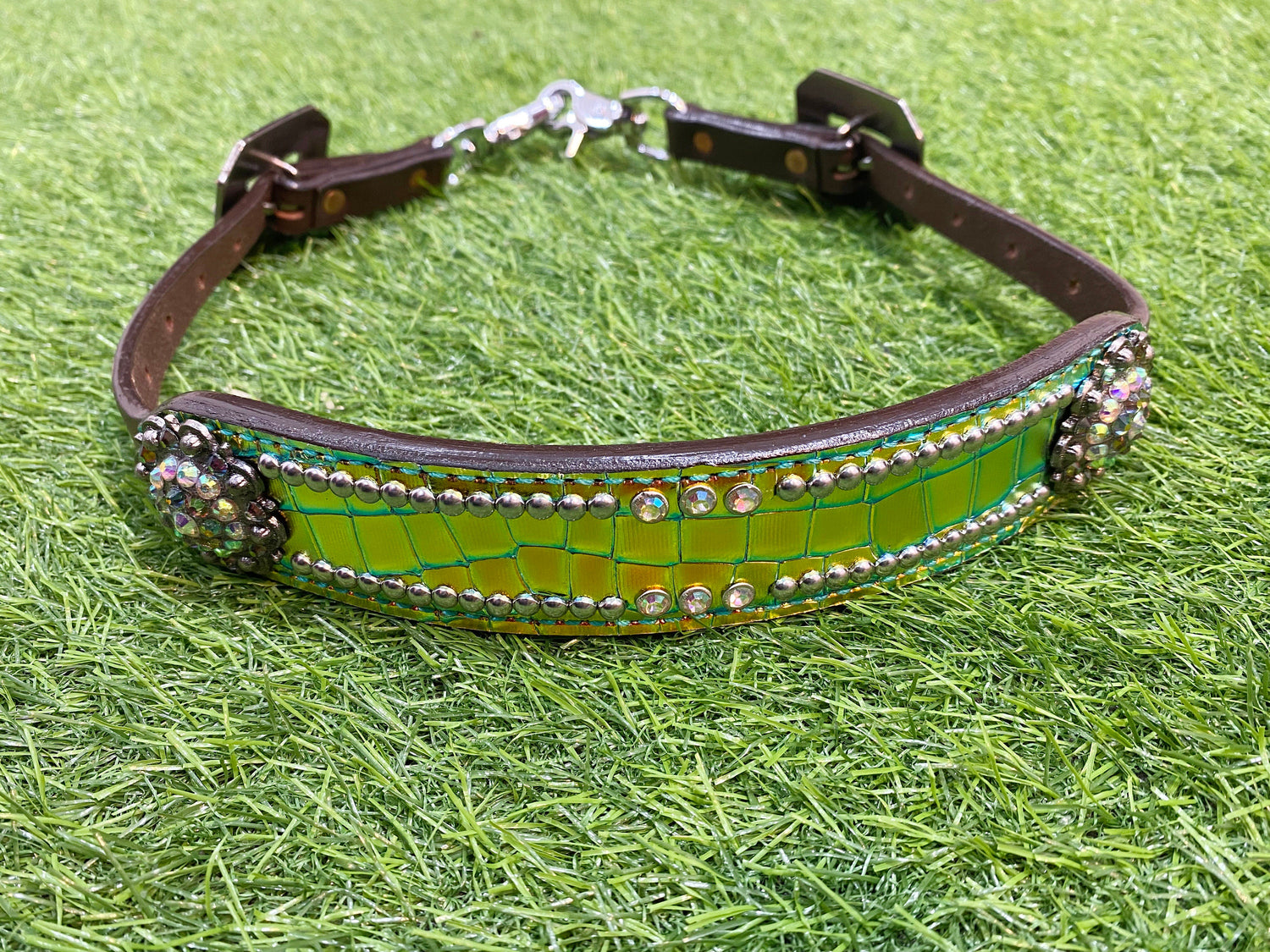 MOUSM Western Horse Bridle &amp; Breast Collar Tack Set – Argentina Cow Leather Western Headstall Tack Decorated with Yellow &amp; Green Holographic Metallic Carving