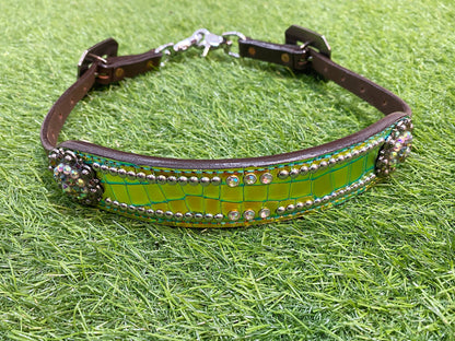 MOUSM Western Horse Bridle &amp; Breast Collar Tack Set – Argentina Cow Leather Western Headstall Tack Decorated with Yellow &amp; Green Holographic Metallic Carving