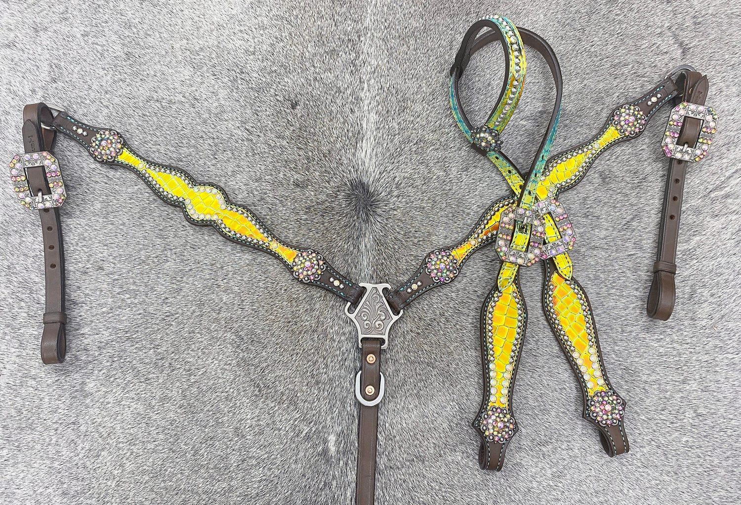 MOUSM Western Horse Bridle &amp; Breast Collar Tack Set – Argentina Cow Leather Western Headstall Tack Decorated with Yellow &amp; Green Holographic Metallic Carving