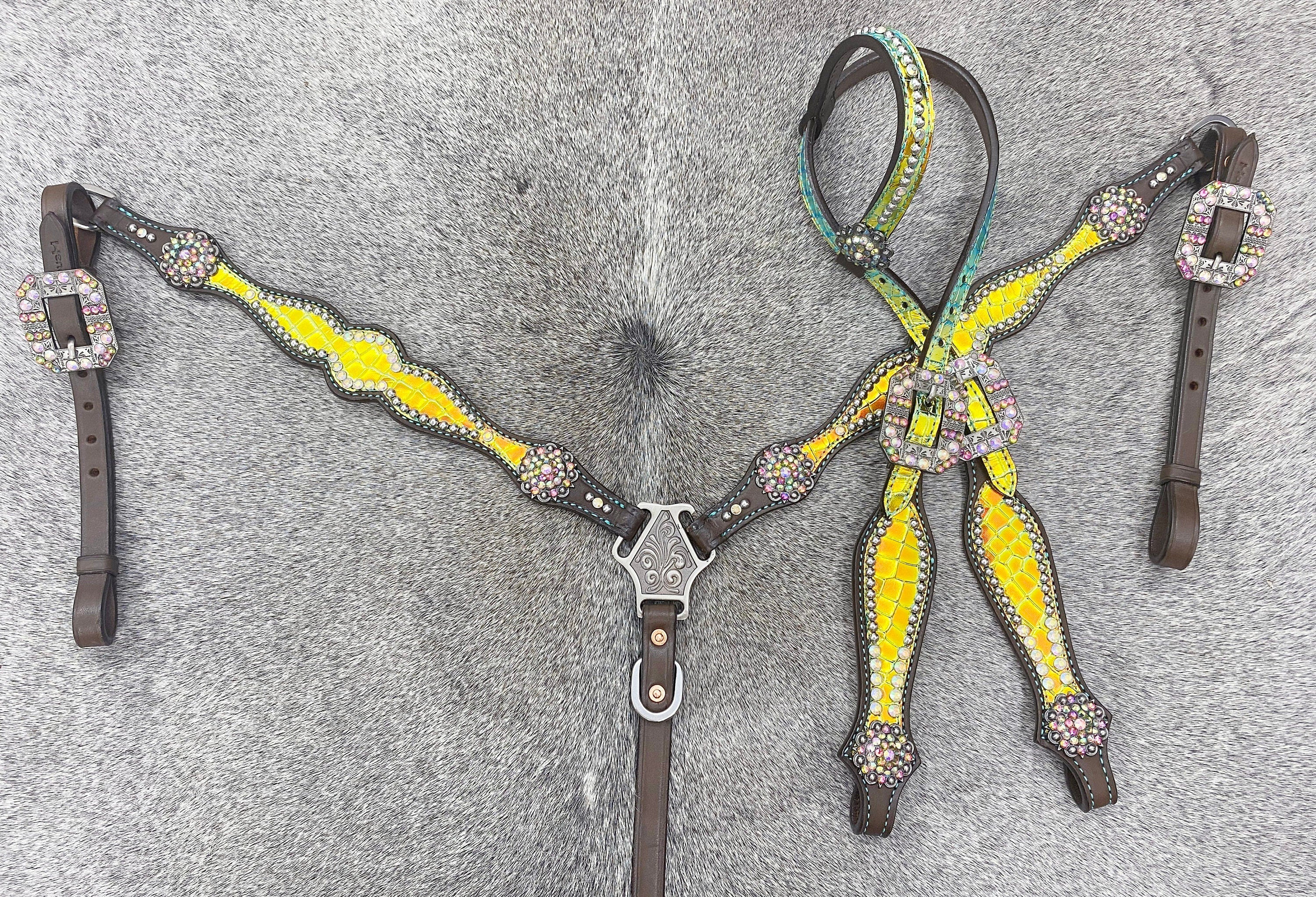 MOUSM Western Horse Bridle &amp; Breast Collar Tack Set – Argentina Cow Leather Western Headstall Tack Decorated with Yellow &amp; Green Holographic Metallic Carving