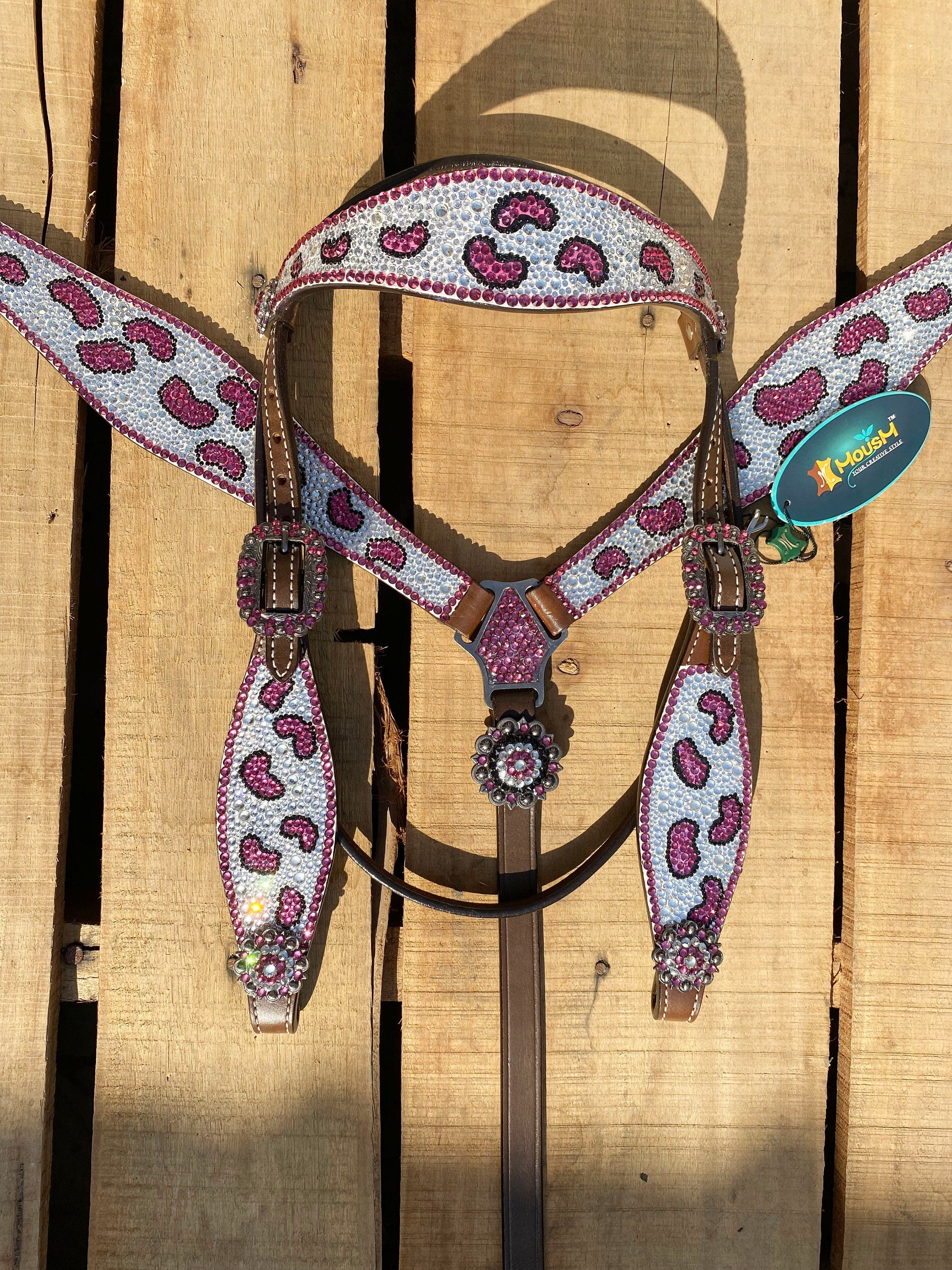 MOUSM Valentine Day Western Horse Tack Set - Decorated with Pink Silver Stones for Stunning Look and Feel