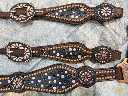 MOUSM Western Headstall &amp; Breast Collar Set for Horse – Made from Argentina Cow Leather, Western Bridle set with Black AB Rhinestones, Copper Studs &amp; Two-Tone Nickel-Copper Hardware