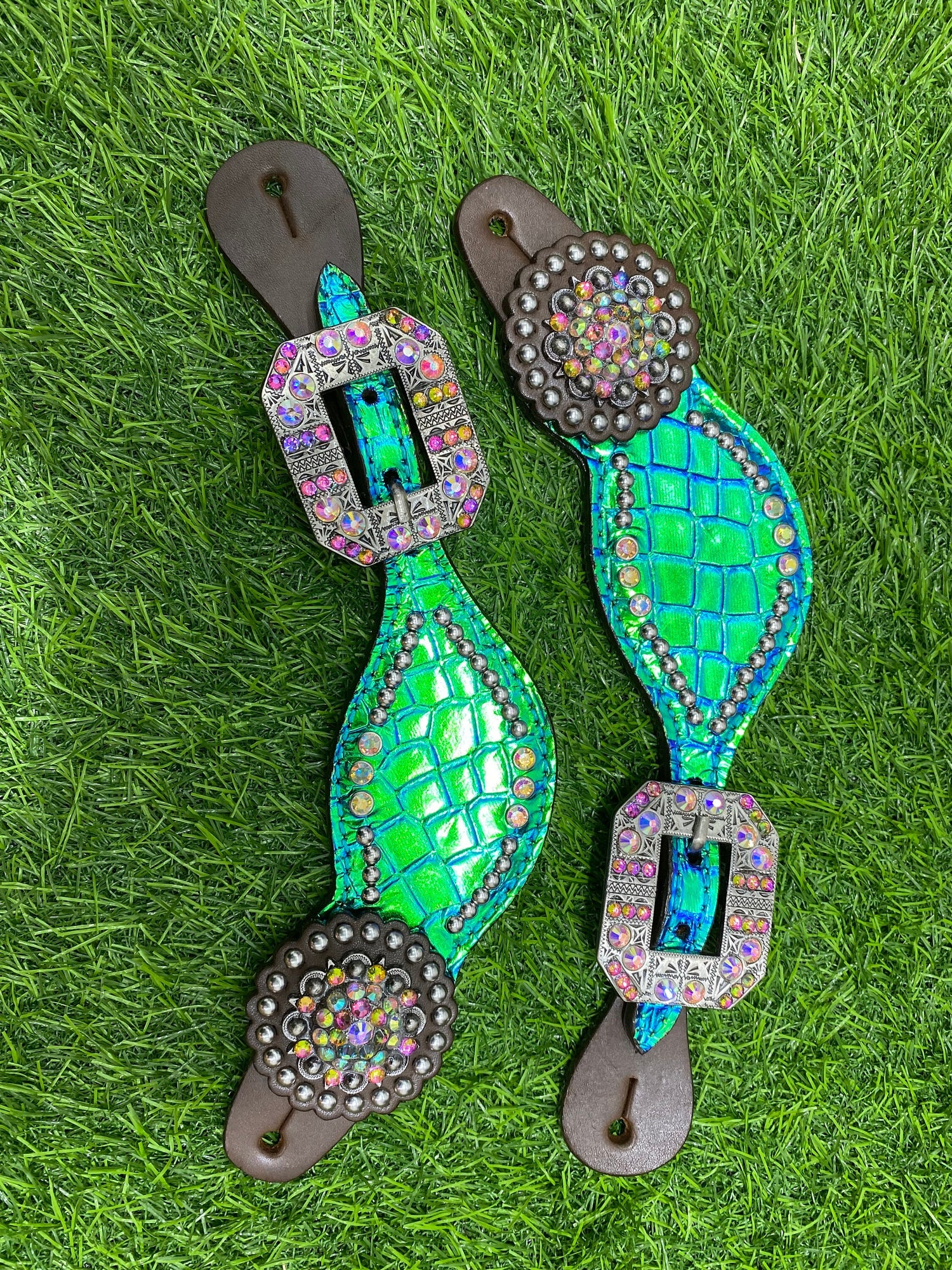 100% Genuine Argentina Leather Headstall and Breast Collar Set for horse, Headstall turquoise holographic alligator printed leather by MOUSM