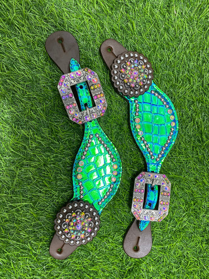 100% Genuine Argentina Leather Headstall and Breast Collar Set for horse, Headstall turquoise holographic alligator printed leather by MOUSM