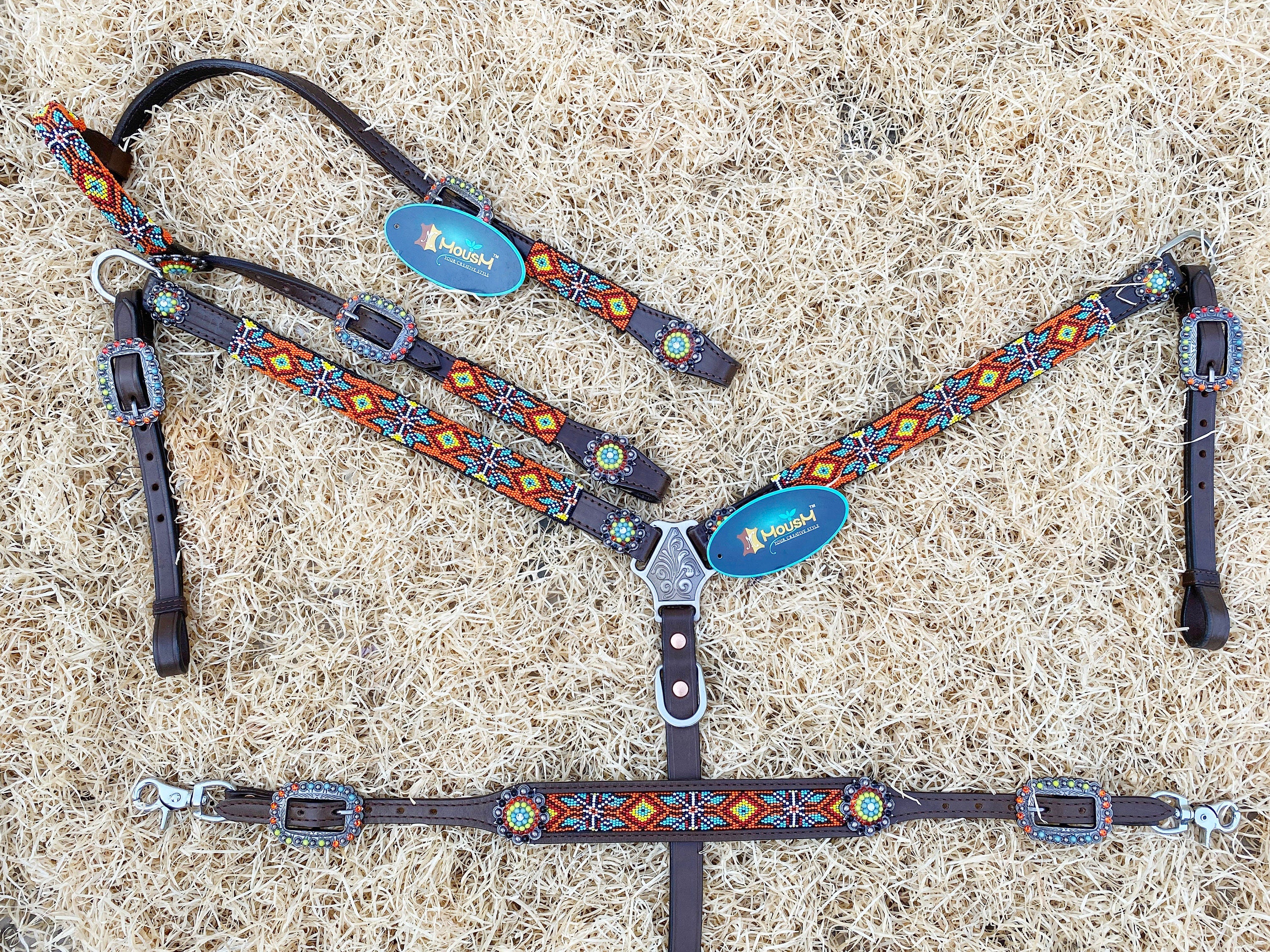 Western Style Leather Headstall and Breast Collar with Wither Strap Tack Set for the horse