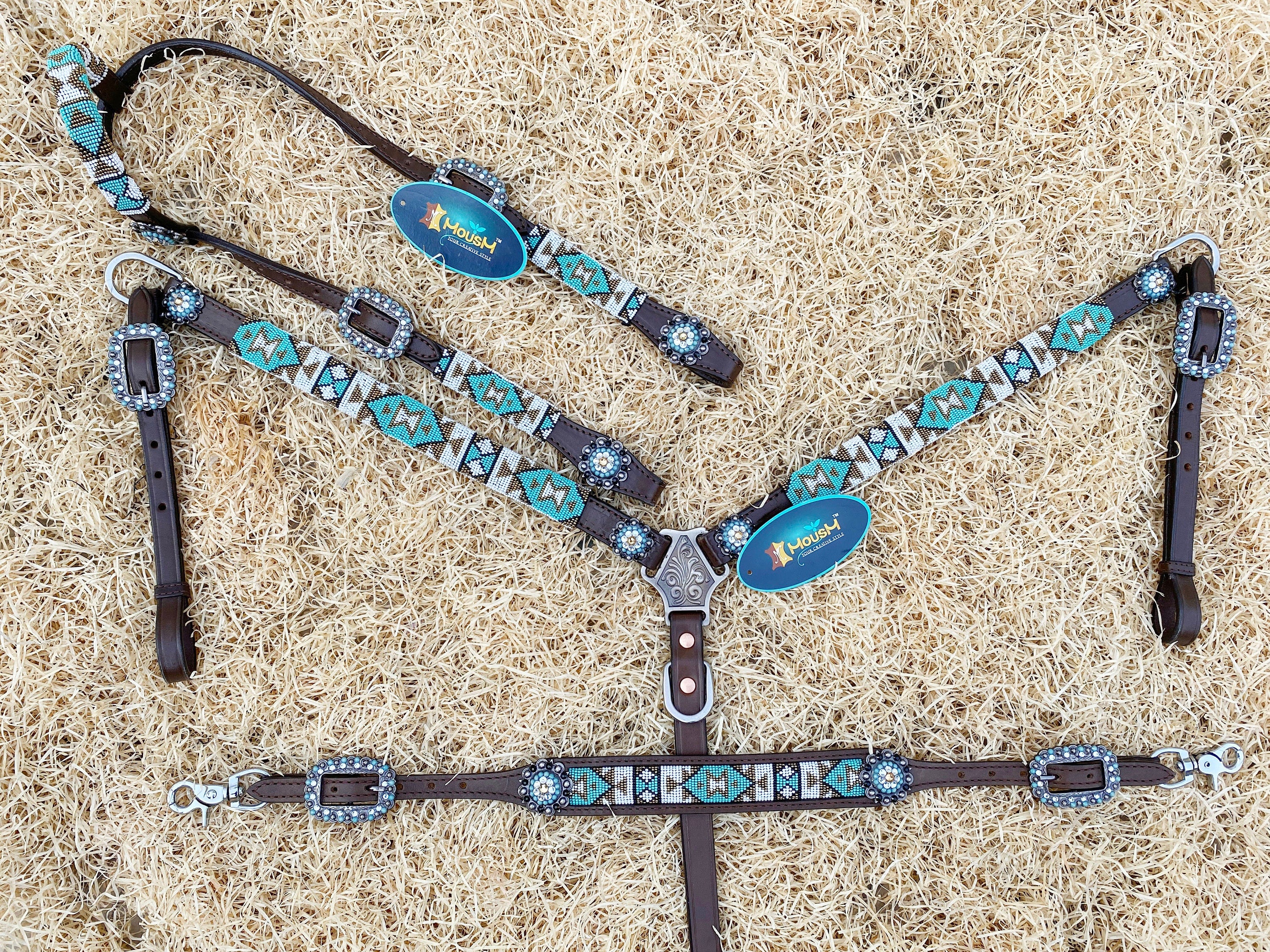 Leather Headstall and Breast Collar with Wither Strap Western Leather Tack Set for the horse with Torquish Beeded inlay with matching Concho