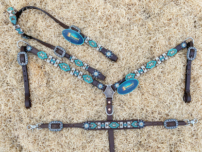 Leather Headstall and Breast Collar with Wither Strap Western Leather Tack Set for the horse with Torquish Beeded inlay with matching Concho