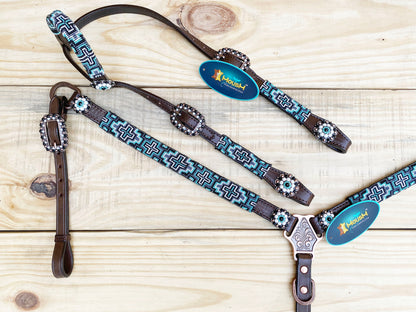 Leather Headstall and Breast Collar with Wither Strap Western Leather Tack Set for the horse with turquoise Beaded inlay and matching Concho