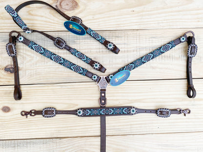 Leather Headstall and Breast Collar with Wither Strap Western Leather Tack Set for the horse with turquoise Beaded inlay and matching Concho