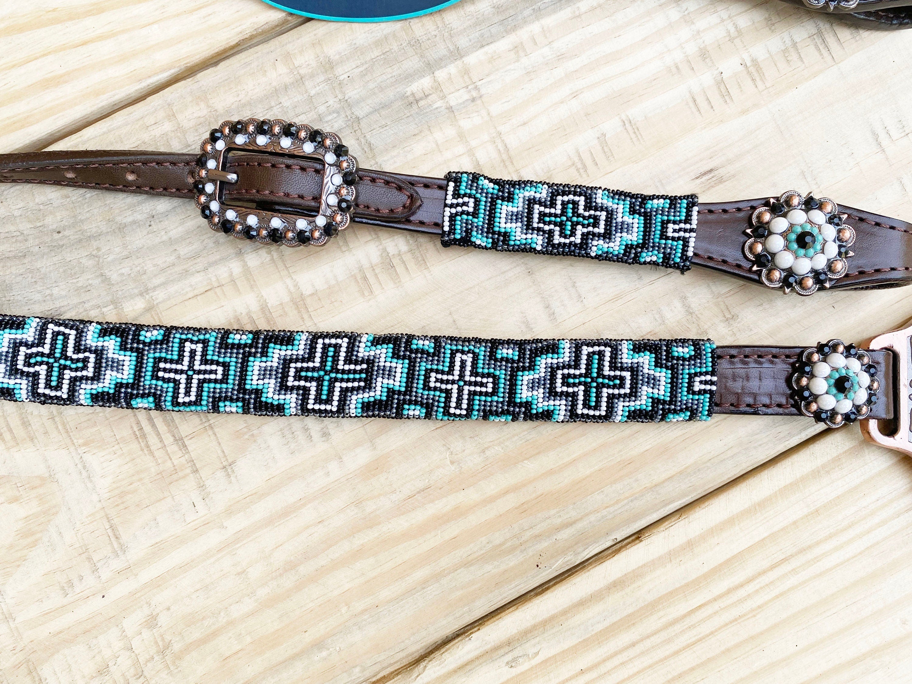 Leather Headstall and Breast Collar with Wither Strap Western Leather Tack Set for the horse with turquoise Beaded inlay and matching Concho