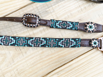 Leather Headstall and Breast Collar with Wither Strap Western Leather Tack Set for the horse with turquoise Beaded inlay and matching Concho