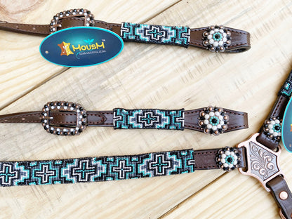 Leather Headstall and Breast Collar with Wither Strap Western Leather Tack Set for the horse with turquoise Beaded inlay and matching Concho