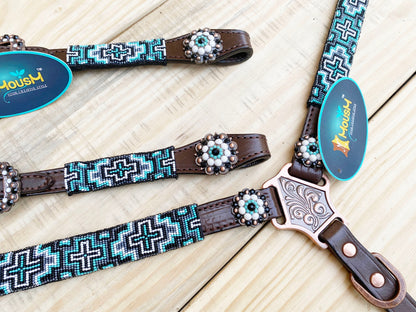 Leather Headstall and Breast Collar with Wither Strap Western Leather Tack Set for the horse with turquoise Beaded inlay and matching Concho