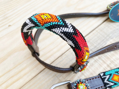 Leather Headstall and Breast Collar with Wither Strap Western Leather Tack Set for the horse with turquoise red Beaded inlay and Concho