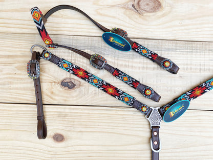 Leather Headstall and Breast Collar with Wither Strap Western Leather Tack Set for the horse with turquoise red Beaded inlay and Concho