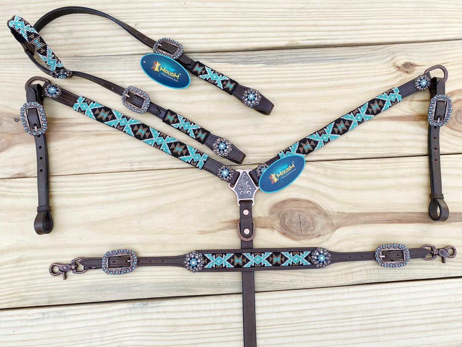 Leather Headstall and Breast Collar with Wither Strap Western Leather Tack Set for the horse with turquoise brown Beaded inlay and Concho