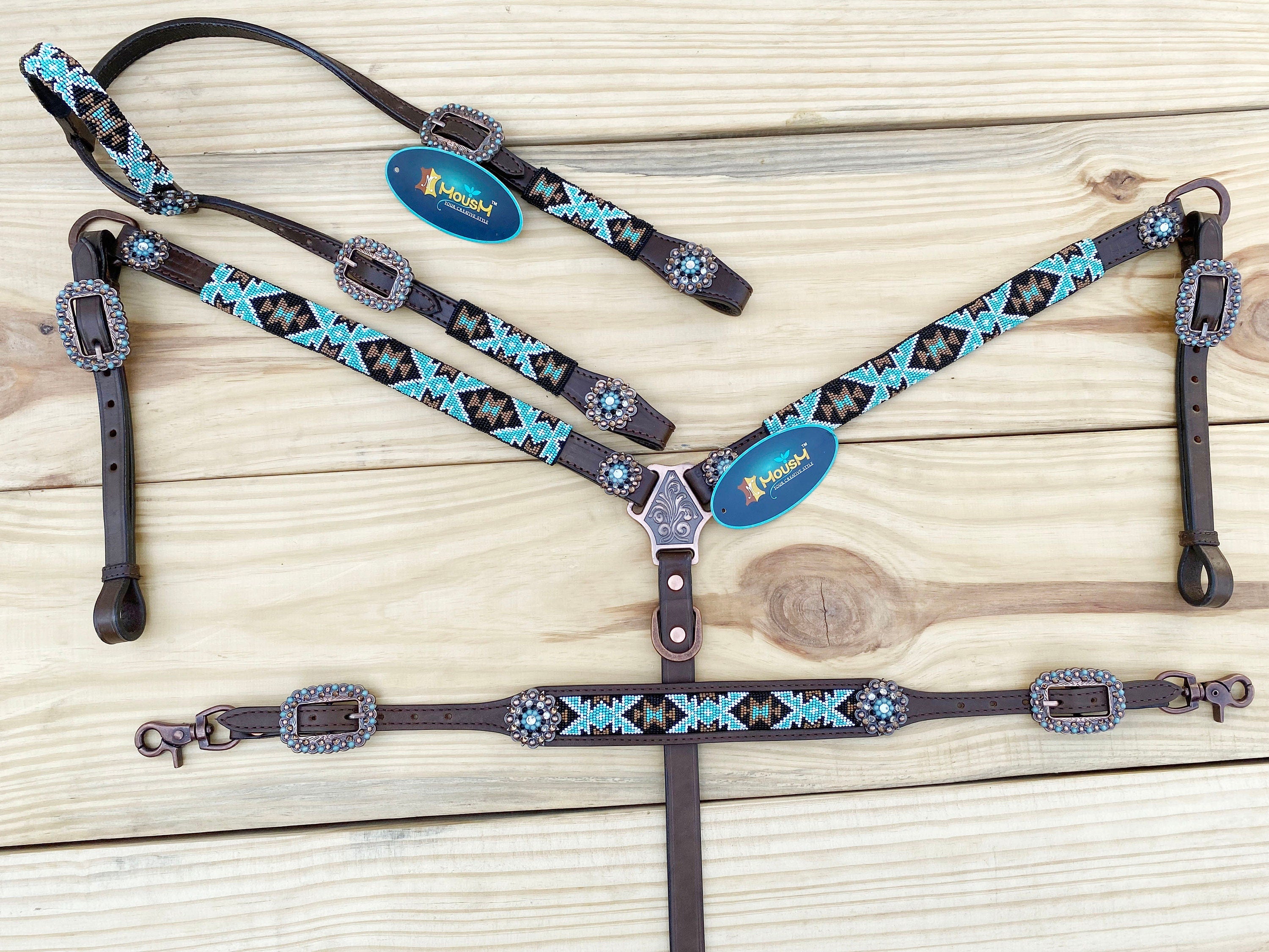 Leather Headstall and Breast Collar with Wither Strap Western Leather Tack Set for the horse with turquoise brown Beaded inlay and Concho