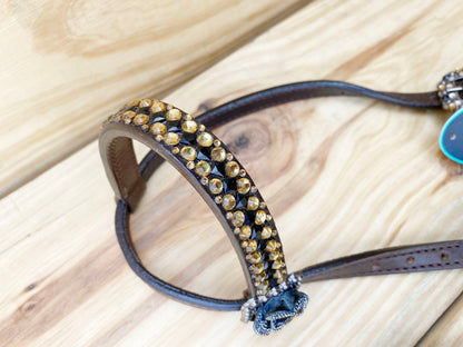 MOUSM Argentina Cow Leather Headstall &amp; Breast Collar Set – Western Horse Tack for Horse with Dark Brown 3D Rose Flower with Premium Golden Stone Inlay