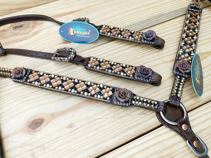 MOUSM Argentina Cow Leather Headstall &amp; Breast Collar Set – Western Horse Tack for Horse with Dark Brown 3D Rose Flower with Premium Golden Stone Inlay