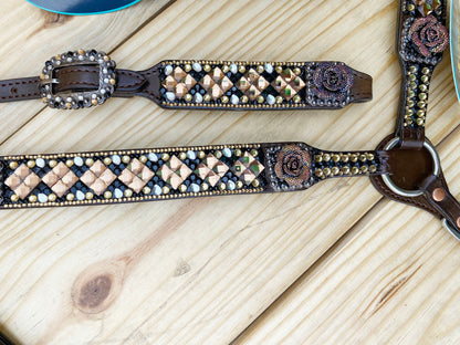 MOUSM Argentina Cow Leather Headstall &amp; Breast Collar Set – Western Horse Tack for Horse with Dark Brown 3D Rose Flower with Premium Golden Stone Inlay