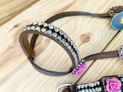 Leather Headstall and Breast Collar Tack Set western Headstall for the horse with 3D pick Rose Premium Full rhine stone work Inlay by Mousm