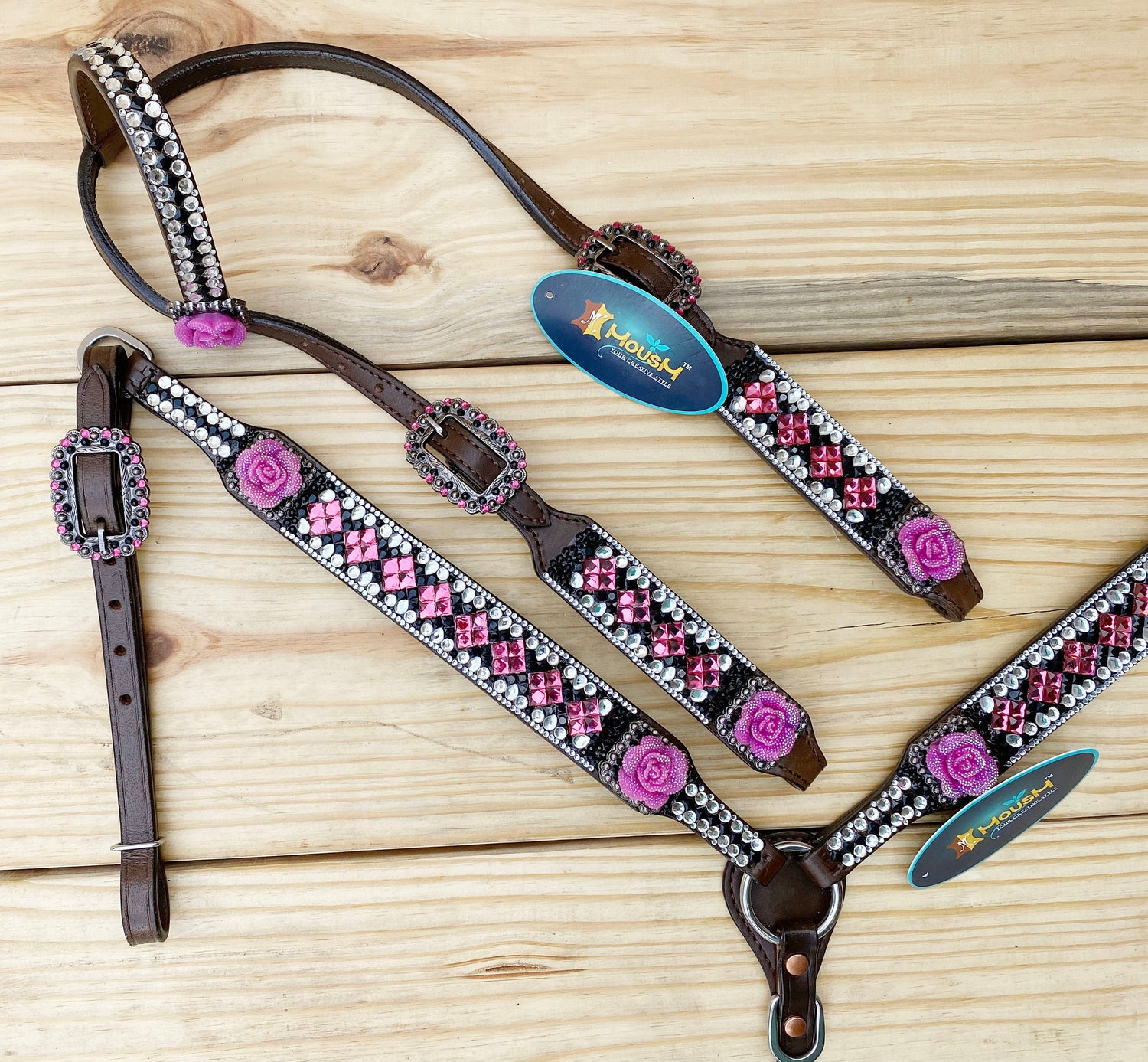 Leather Headstall and Breast Collar Tack Set western Headstall for the horse with 3D pick Rose Premium Full rhine stone work Inlay by Mousm