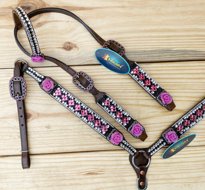 Leather Headstall and Breast Collar Tack Set western Headstall for the horse with 3D pick Rose Premium Full rhine stone work Inlay by Mousm