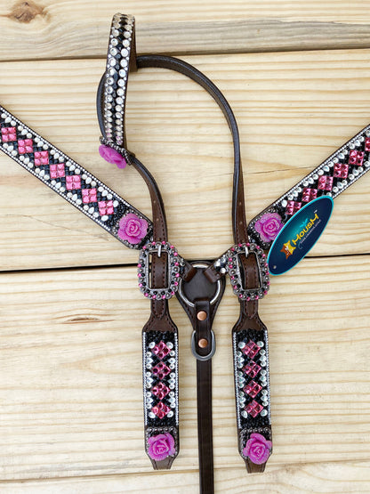 Leather Headstall and Breast Collar Tack Set western Headstall for the horse with 3D pick Rose Premium Full rhine stone work Inlay by Mousm