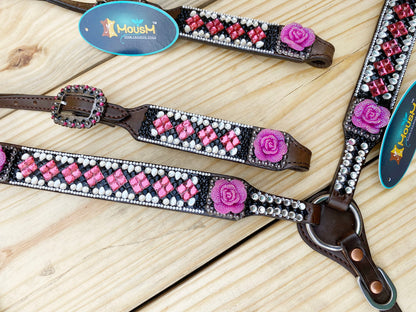 Leather Headstall and Breast Collar Tack Set western Headstall for the horse with 3D pick Rose Premium Full rhine stone work Inlay by Mousm