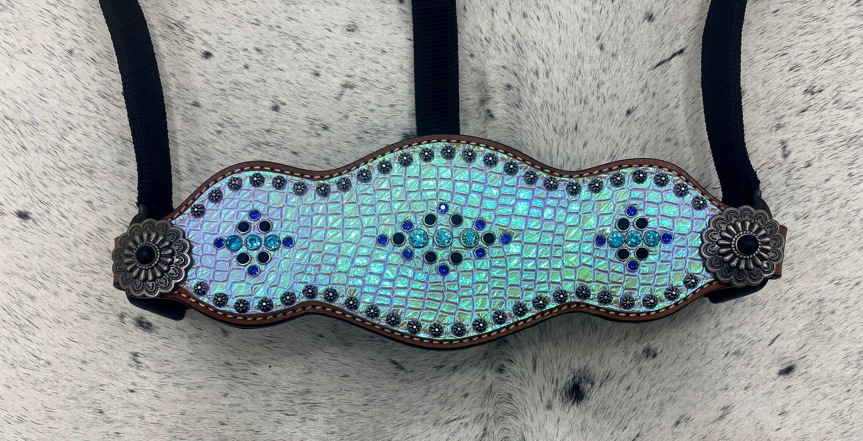 Bronc Halter for Horses, Decorated with holographic snake print with sun brust studs and turquoise royal ribits.